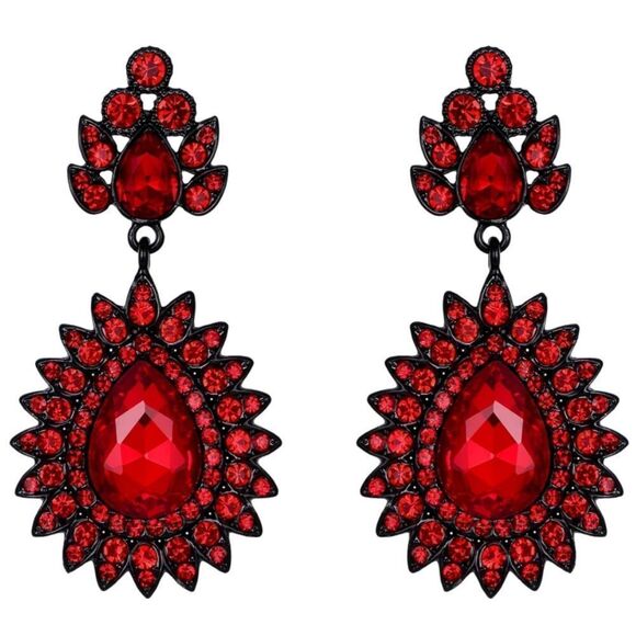Carbon Black with Ruby Red Crystal Art Deco Chandelier Dangling Post Earrings - Picture 1 of 4